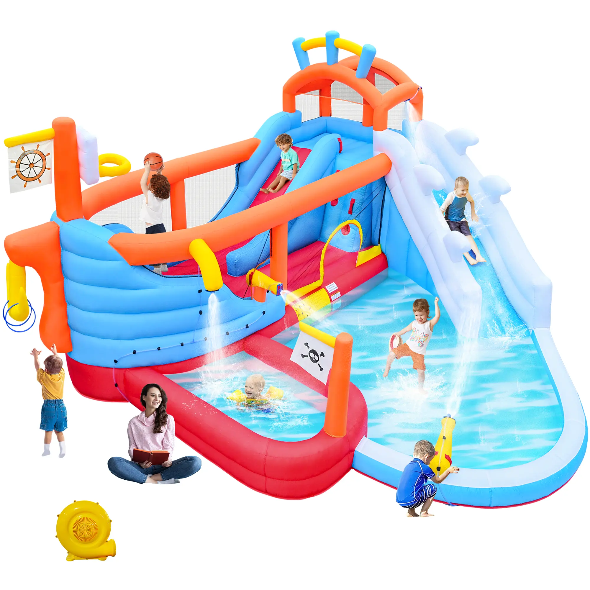 9 IN 1 Inflatable Water Park with Dual Slides, Climbing Wall, Basketball Hoop & Water Guns, Kids Outdoor Inflatable Slide Bounce House with Pool & Ring Toss Game for Backyard Lawn