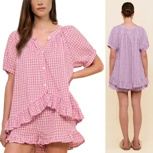 Women Plaid Ruffle 2-Piece Short Sleeve Top & Pants Set