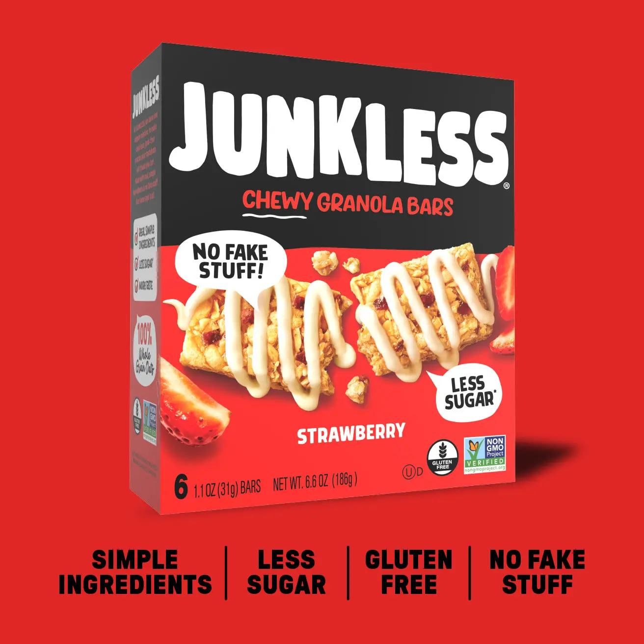 JUNKLESS Chewy Granola Bars Strawberry Simple Ingredients Less Sugar Gluten Free No Fake Stuff