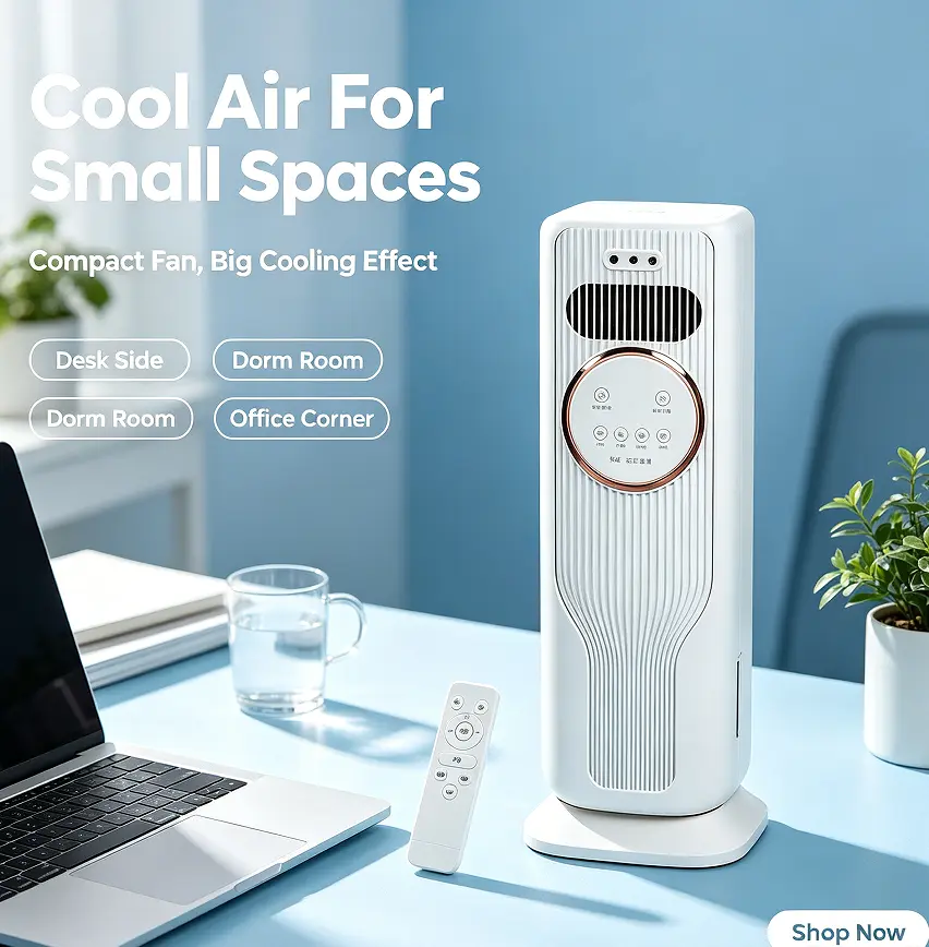Portable Evaporative Air Cooler Tower Fan with 120-Degree Oscillation, 3 Speed Settings, Ice Cooling, Low Noise, Remote Control for Home Bedroom, Apartment Small Spaces, Dorm Users