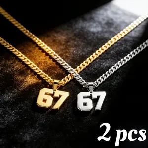 2Pcs Gold & Silver Number 67 Pendant Necklaces Set, Stainless Steel Cuban Link Chain, Hip Hop Lucky Number 67 Charm Necklace for Men Women, Rapper Jewelry Gift