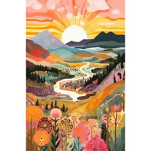 1PCS DIY Diamond Painting Kit Sunset Mountain Landscape with River and Flowers 5D Full Drill Embroidery