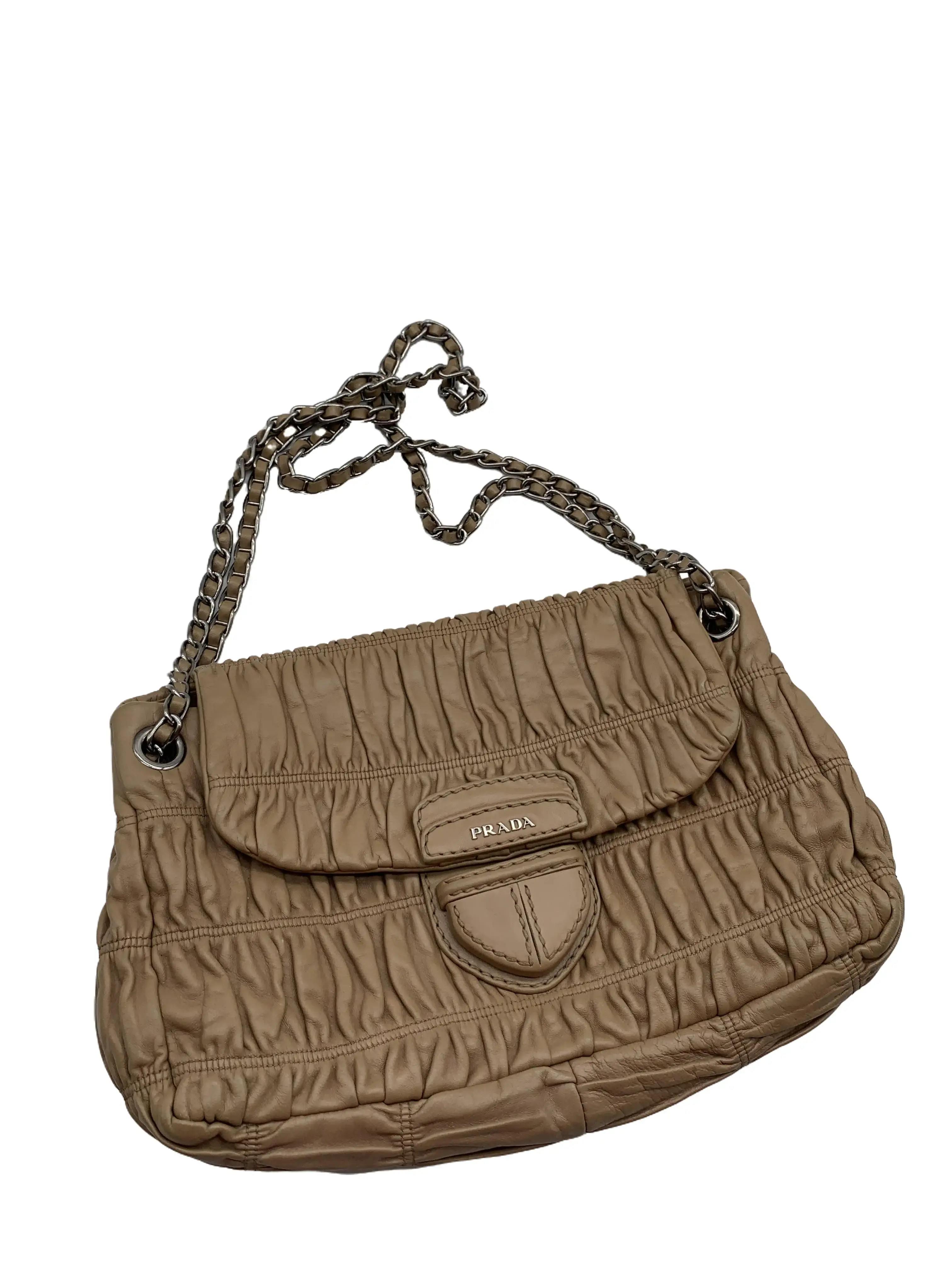 Pre-owned PRADA Taupe Ruched Lambskin Flap Crossbody Bag With Gunmetal Chain/WJ06115816/5816