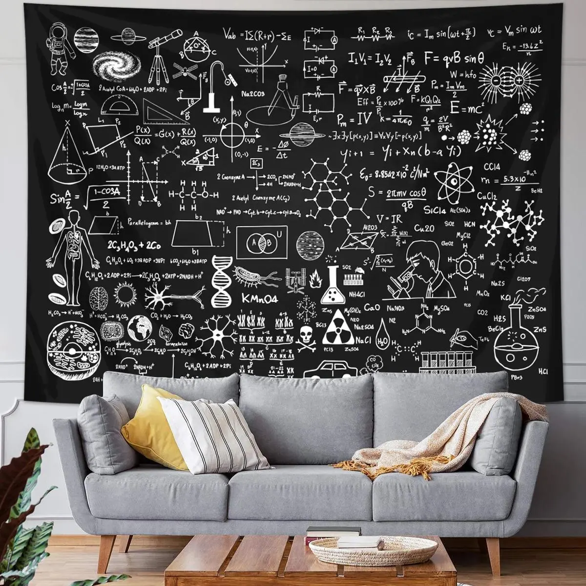 Science Themed Classroom Blackboard Tapestry, 1/2 Counts Chemistry & Mathematics & Geometry & Physics Tapestry, Back To School Party Decoration, Wall Hanging Tapestry, Wall Tapestries