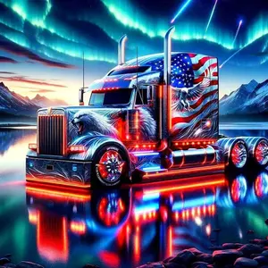 5D DIY Truck Diamond Arts Colorful Painting Kit without Frame, Full Round Drill Cartoon Truck Aurora American Flag Art, Mosaic Home Decor Gift, Wall Art Painting