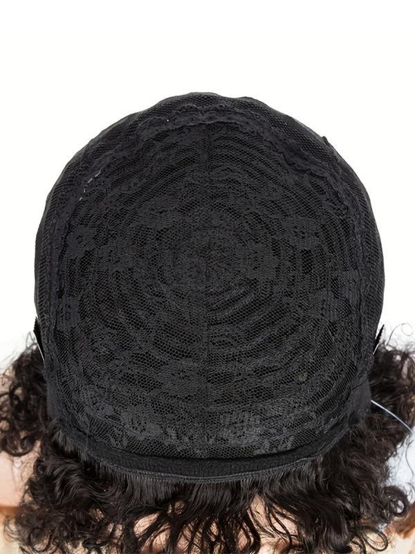 Human Hair Pixie Cut Wig, Short Curly Wavy Wig with Bangs, Natural, Rose Net Cap, Elegant Style for Women, Daily Use, Pixie Wigs