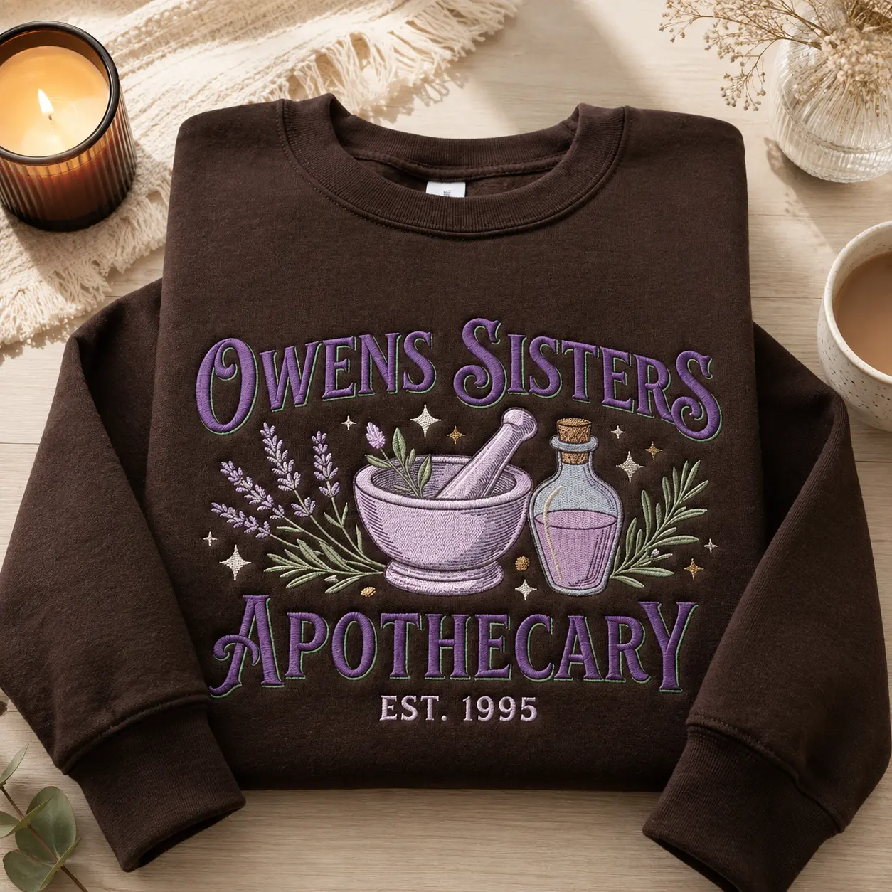 Witchy Apothecary Embroidered Sweatshirt, Owens Sisters Crewneck, Cozy Halloween Witch Gift, Potion Mortar Lavender Botanical Sweatshirt