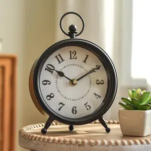 Vintage Non-Ticking Black Table Clock with Stand, Decorative Timepiece for Desk and Shelf, Rustic Farmhouse Style Mantel Clock