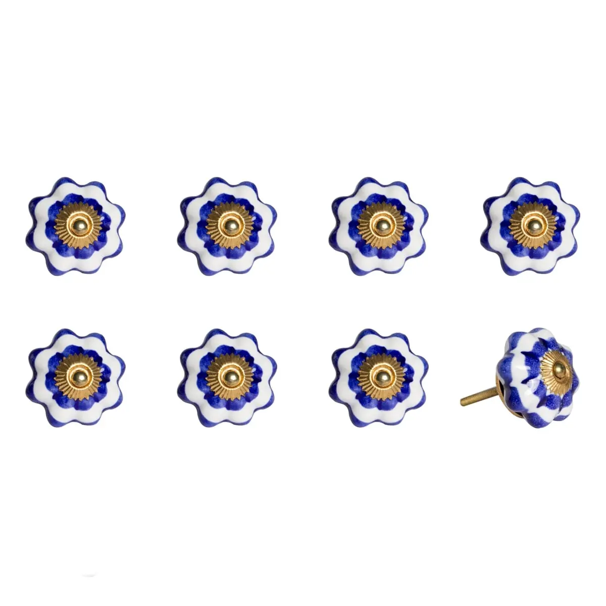212 MAIN 1.5x1.5in Blue & White Flower Theme Hand-Painted Ceramic-Metal Drawer Pull Doorknobs - Artisan Craft Set of 8, for Traditional Living Room Home Decor, Large Appliance Parts, Transform Furniture & Add Charm