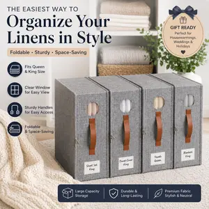 【Gift Box】TRZZ Foldable Organizer,Sheet Organizers and Storage, 4-Pack, Queen/King Size,Oxford Foldable Sheet Set Organizer, Fabric Storage Bins for Bed Sheets, 15" L×13" W×5" H