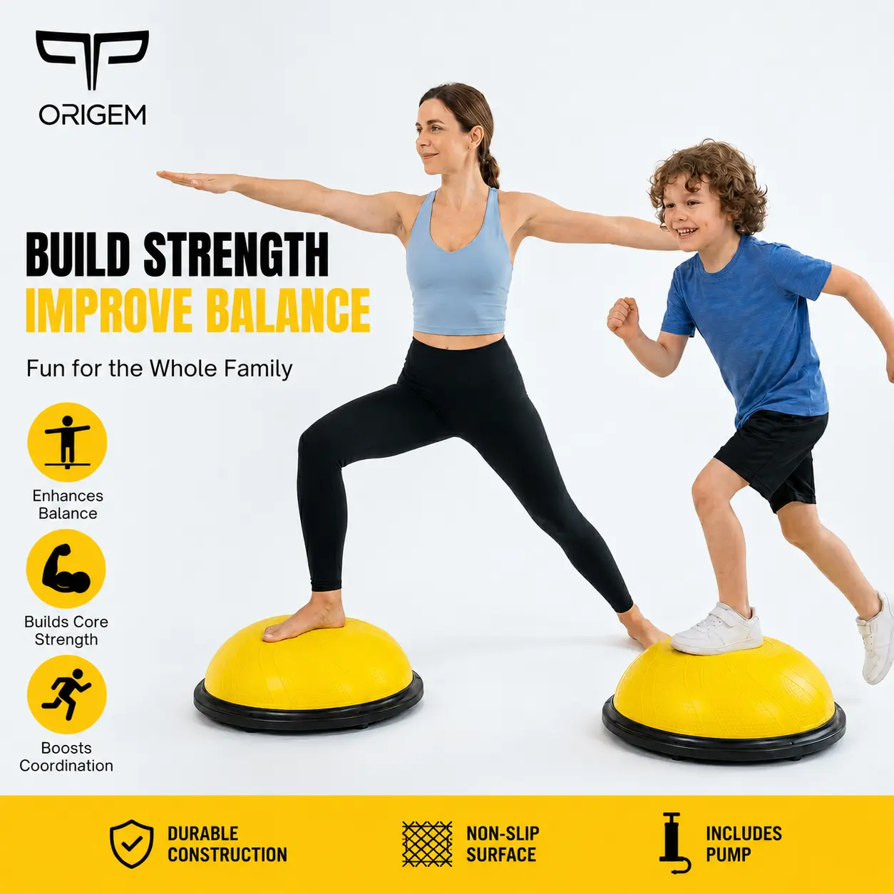 Origem Bosu Ball Balance Trainer Enhancing Balance, Focus, and Physical Coordination | Ideal for Family Fitness, Children's Sensory Integration Training, and Youth Sports Conditioning. Stability Ball Exercise Equipment For Home