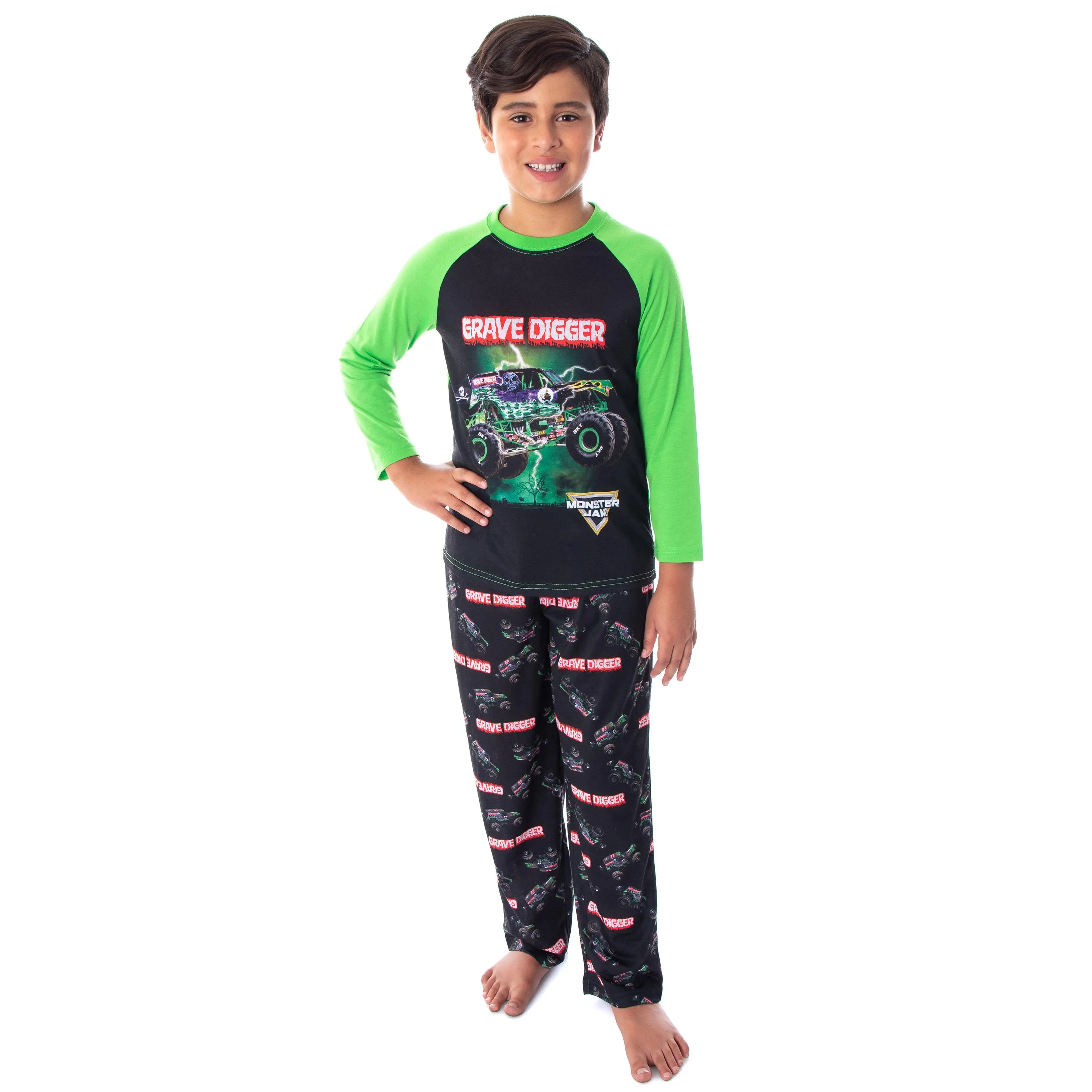 Monster Jam Boys' Grave Digger Monster Truck Raglan Shirt And Pants 2 Piece Pajama Set