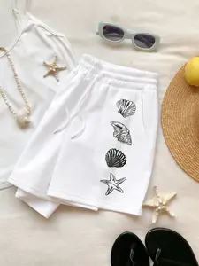 Women's Casual Loose Sport Shorts, Drawstring & Pocket Design, Starfish & Shell Print, Soft Comfortable Fabric, Beach Vacation Wear, Streetwear Sports Shorts, Athleisure Casual Shorts, Athletic Shorts Casual