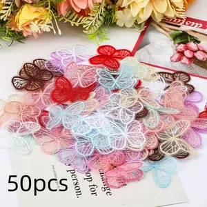 50pcs Lace Embroidery Butterfly Stickers, Sewing Supplies, Craft Materials, DIY Scrapbook Patches, Shoe Decor, Headwear Accessories, Sheer Mesh Lace