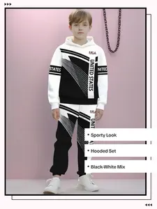 Boys' Hooded Set, American Sports Style Patchwork Sweatshirt and Pants Two-Piece, Casual Slim-Fitting Spring & Fall