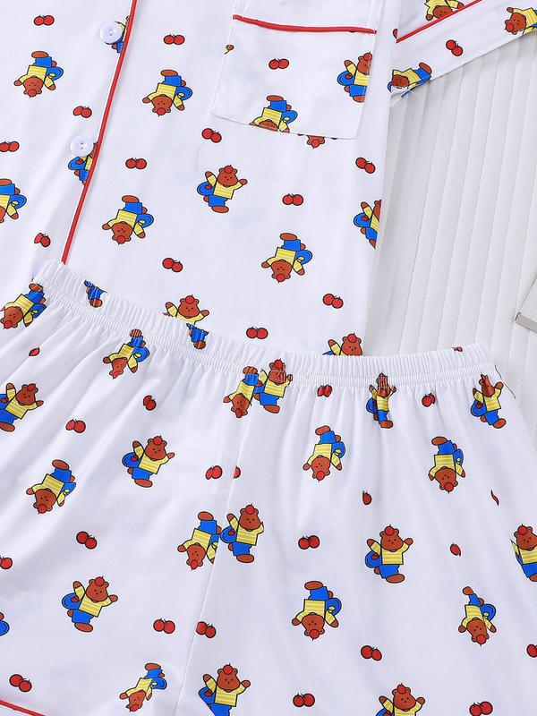 2pcs Mini Winnie the Pooh Print Pajama Set - Cute Nostalgic Short-Sleeve Pjs (Notch Collar + Chest Pocket + Elastic Waist) - Soft Adult Loungewear/Sleepwear for Disney Fans, Cozy Nights In & Gift Giving