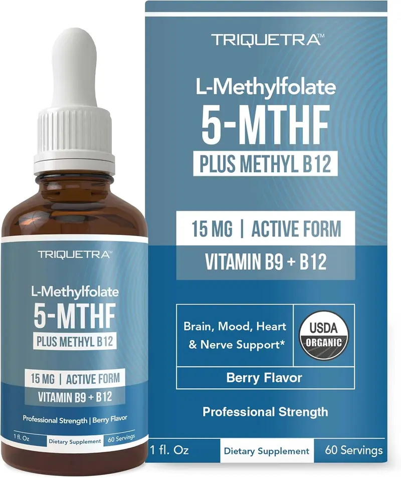 Triquetra L-Methyl Folate 15mg + B12 Pro Strength Liquid 5-MTHFForm Supports Mood Methylation & Cognition Supplement with Vitamin Methylcobalamin for Energy Levels
