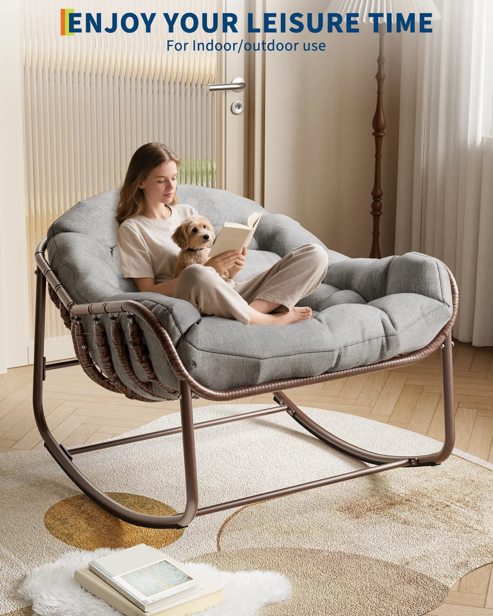 Garvee Oversized Outdoor Rocking Chair, Comfy Papasan Rocker, Egg Chair Rocker Fauteuil Bercant interieur for Patio, Garden, Bedroom, Porch, Lawn