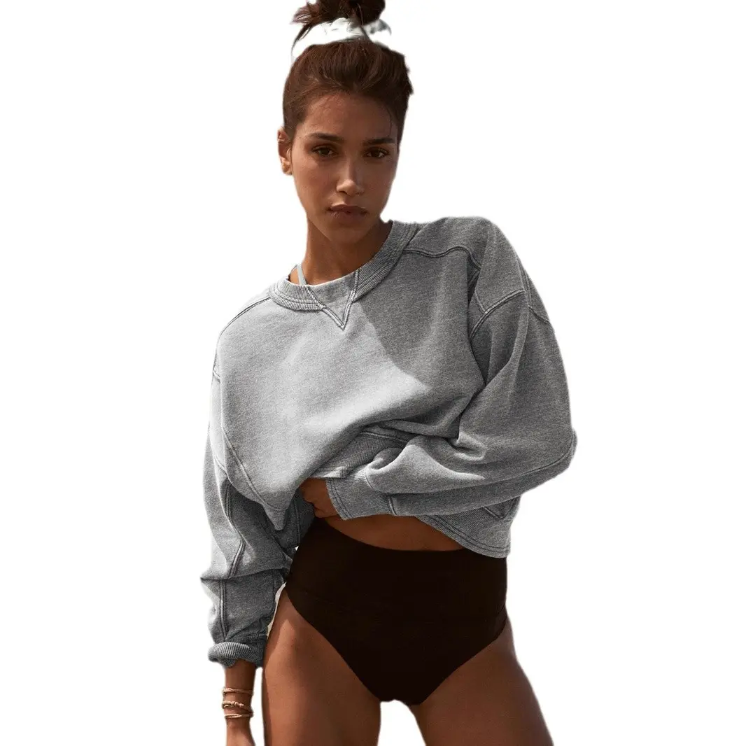 Arssm Women Oversized Cropped Crewneck Sweatshirt, Soft Drop Shoulder Long Sleeve Pullover Top, Casual Athleisure Workout Yoga Lounge Cropped Sweatshirts
