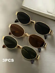 Women's Fashion Glasses Set Yk2 Style Plain Pattern Type Oval Vintage Durable Alloy Frame Decorative Lens, Perfect for Daily Wear Shopping Photography, 3 Pieces
