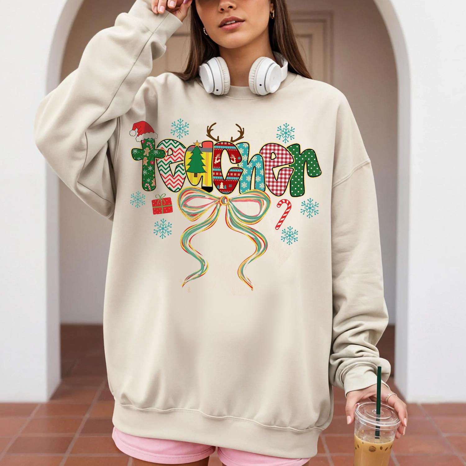 Coquette Christmas Teacher Sweatshirt, Merry Christmas Teach Shirt, Cute Coquette Tee, Pullover Sweatshirts, 100% Classic Cotton, Gift For Teacher