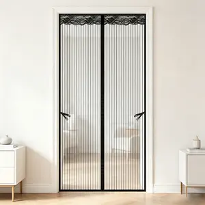 AIYYIPA Screen Door Curtain, Magnetic Closure, Breathable Black Striped with Lace Top Mosquito Net, Thickened and Scratch-Resistant, Pet-Friendly, Easy to Install, Suitable for Kitchen, Bedroom, Balcony, and Entry
