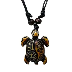 Puerto Rico Taino Turtle Brown Pendant Necklace with Black Cord and Brown Beads for Men and Women Unique Turtle Design