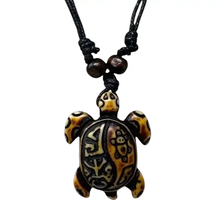Puerto Rico Taino Turtle Brown Pendant Necklace with Black Cord and Brown Beads for Men and Women Unique Turtle Design Jewelry Casual Wear Unisex