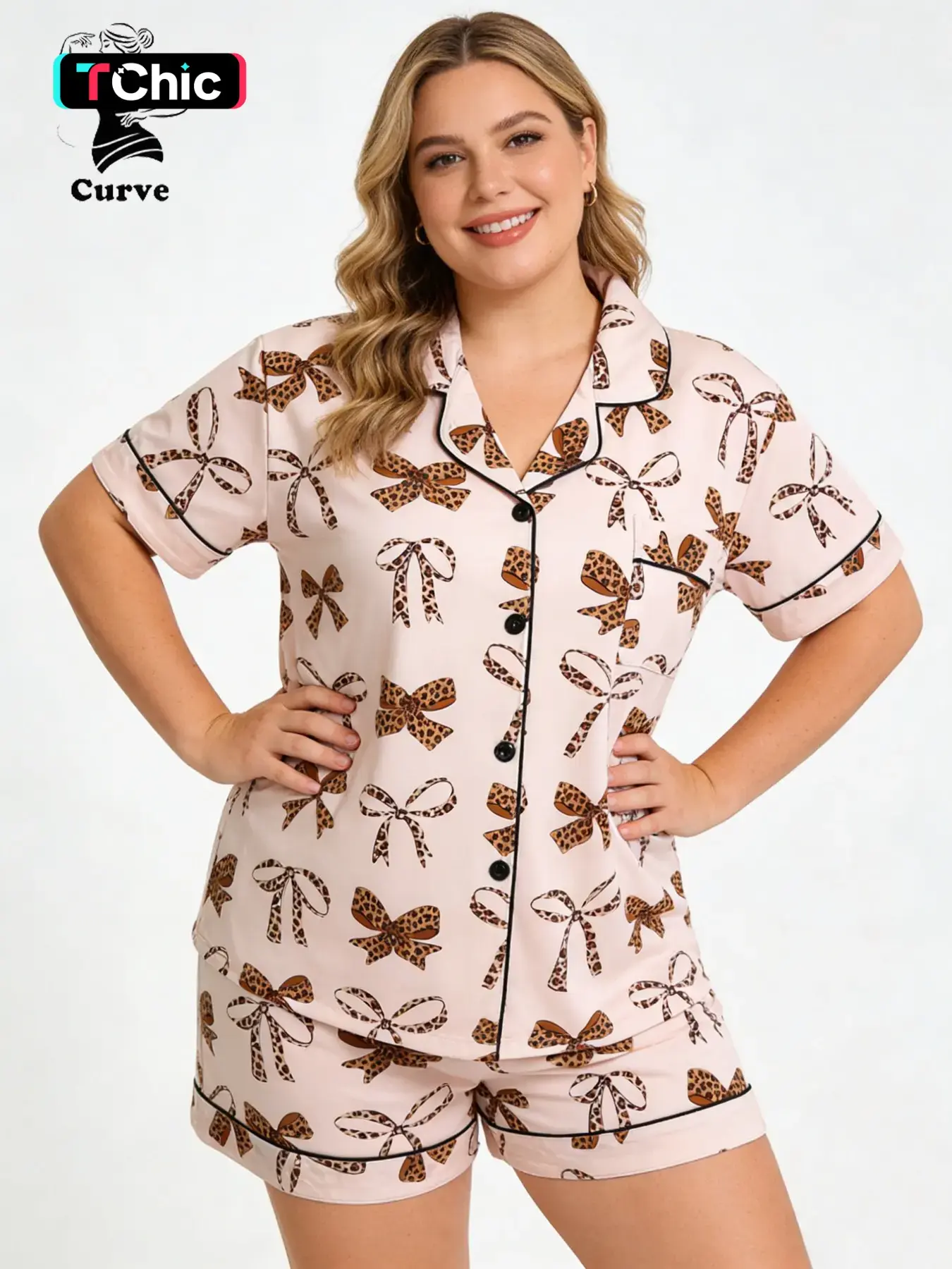 Cute Animal Print Leopard Plus Size Women's Pajamas Set, Soft and Smooth Fabric, Loose Fit Button-Up Short Sleeve Top and Shorts, Fun Sleepwear