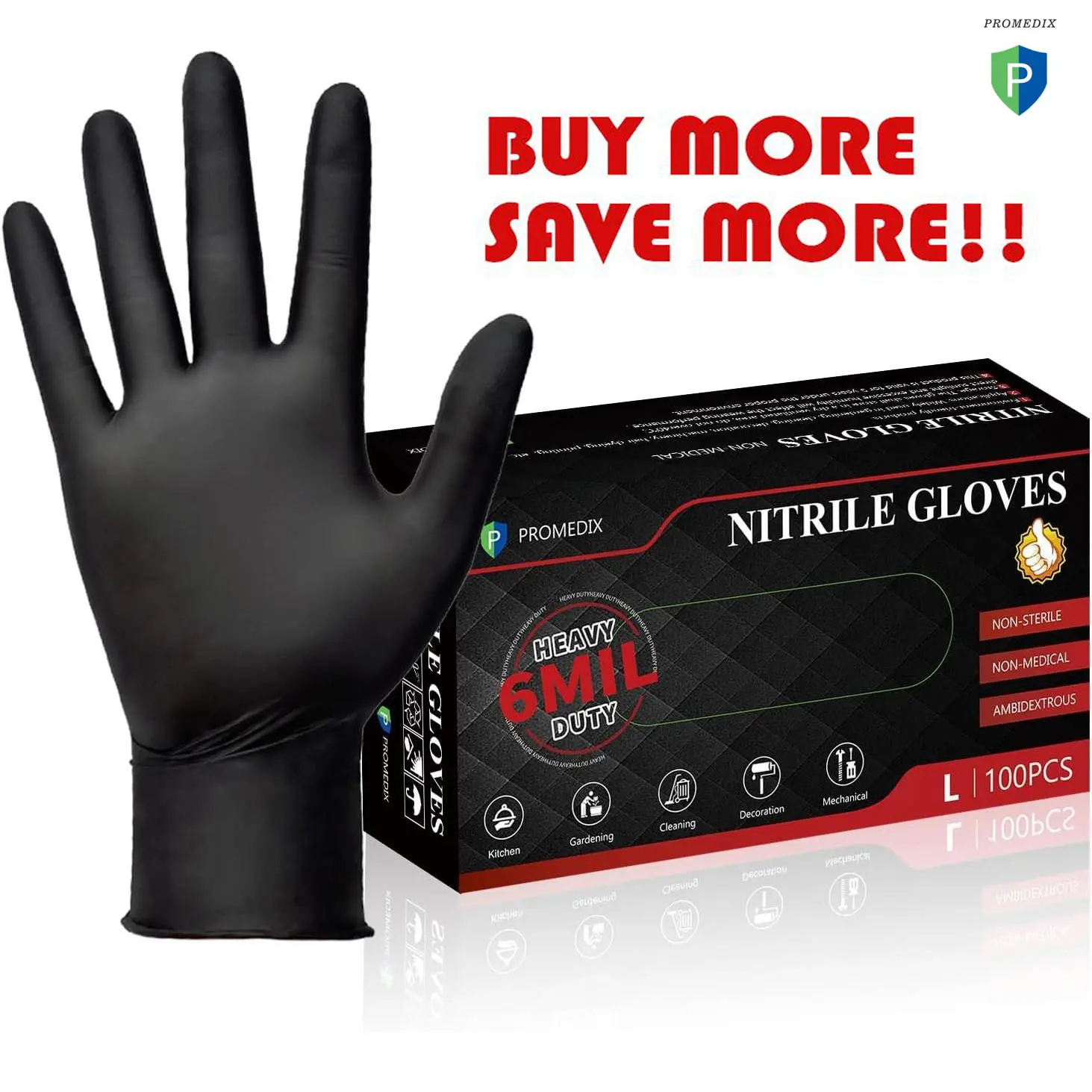 PROMEDIX P Black Nitrile Disposable Gloves, 100ct, Latex-Free, Powder-Free, Waterproof, for Kitchen Tasks, General Cleaning Tasks, Home Care Supplies