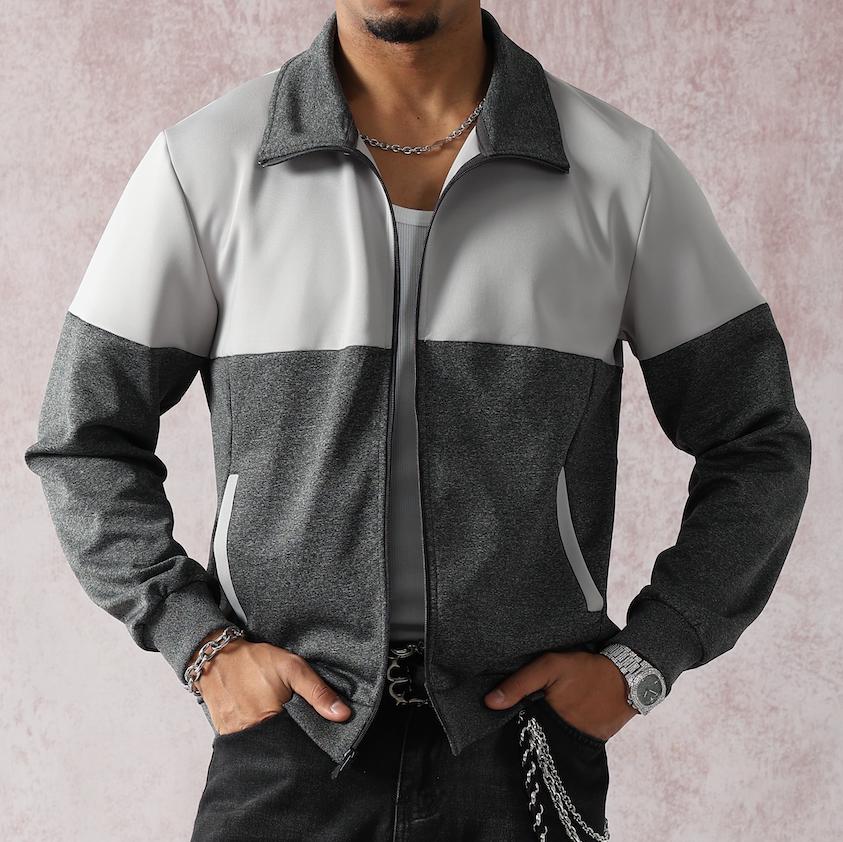 Men’s Lightweight Casual Collared Patchwork Jacket - Collegiate Style, Gray-White Contrast, Long Sleeve, Breathable Fabric, Zip-Up Closure, Side Pockets, Ultra-Versatile Fit