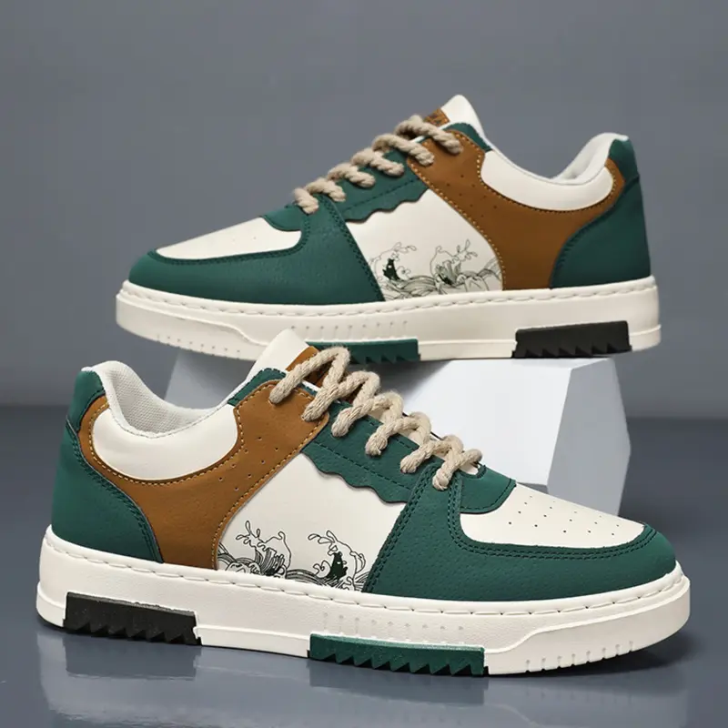 Men's Patchwork Tie Front Skate Shoes, Durable PU Leather Upper, Breathable Mesh Lining, Low Top Round Toe, All Seasons Casual Wear, Casual Skateboarding Shoes