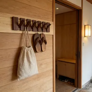 Wooden Hat Rack with 6 Hooks, Wall-Mounted Piano Key Design, Foldable Hooks, Multi-Functional Home Organizer, Dark/bright, No-Nail Glue Included