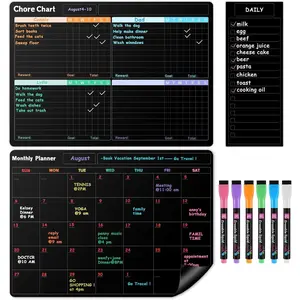 Black Whiteboard Calendar Set for Fridge (3-Pack) Magnetic Chore Chart Refrigerator Planner with 6 Markers Reward Chore Chart for Kids Teens Adults Family