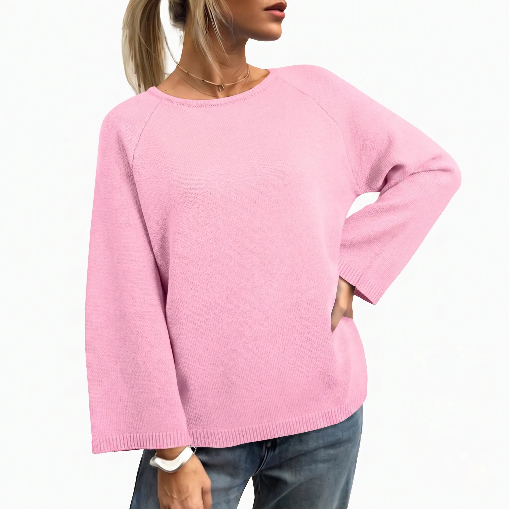 Women's Crewneck Dolman Sleeve Sweater Casual Loose Knit Pullover Solid Color Bracelet Sleeve Jumper Top