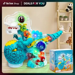 Electric T-Rex Roaring Dinosaur Toy, Music Toys with LED Lights & Moving Wheels, Transparent Stem Gear Toys for Kids Entertainment Birthday Party Christmas