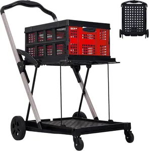 Foldable Shopping Cart with 1 Storage Crate, 2-Tier Collapsible Aluminum Utility Cart with 360° Swivel Wheels & Removable Baskets, Rolling Grocery Cart for Home, Apartment, Travel