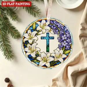 Stained Glass Cross Lily Hyacinth Acrylic Ornament 8x8cm Christian Faith Floral Hanging Decor Religious Gift for Home Car Church Baptism Easter Spring Decor