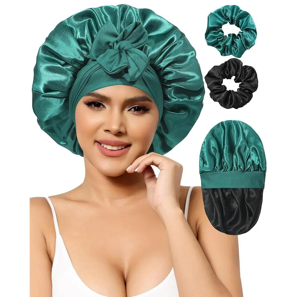 Black-Green Bonnet +  2Pcs Scrunchies