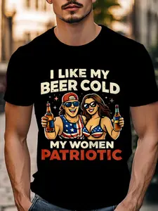 Men's Vintage Slogan Short Sleeve T-Shirt, Ice Beer & Patriotic Love Design, Casual American Tough Guy Style, Perfect for Bar Parties
