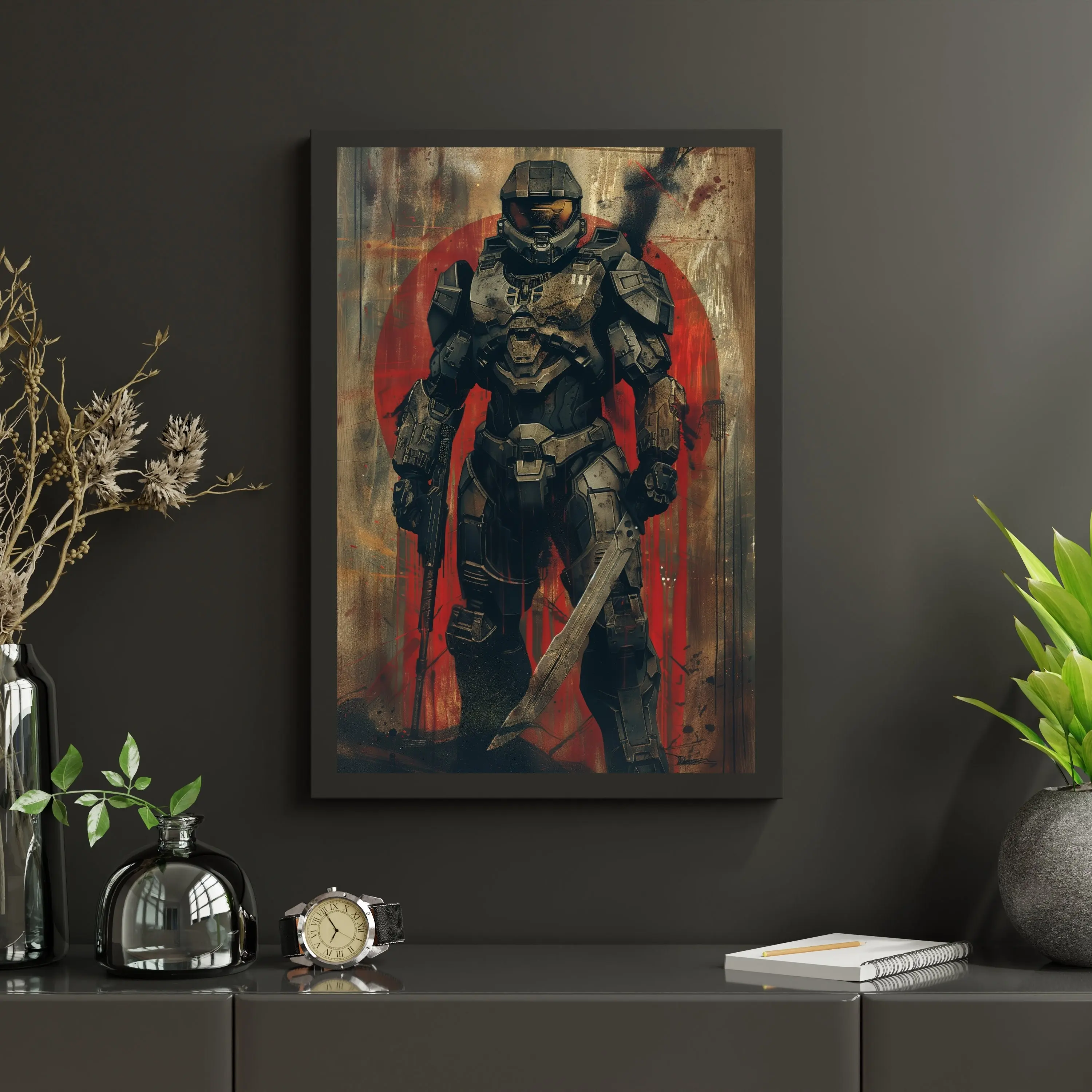 Unframed Style Halo The Master Chief Samurai High-DPI Wall Art Poster - Waterproof High-Quality Print, Boxing-Themed Military-Inspired Decor, Polka Dot & Houndstooth Accents, Game Fans' Gift for Kid Room, Kitchen & Wardrobe Home Decor