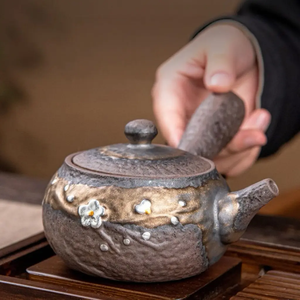 Handmade Coarse Clay Pottery Teapot - Side Handle, Anti-Scalding, Retro Plum Blossoms Relief, Chinese Look, Functional with Aesthetic Appeal, Kitchen Earthenware for Japanese Gongfu Tea Brewing