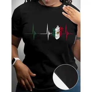 Women's Patriotic Mexico Flag Heartbeat Graphic T-Shirt - 100% Cotton Casual Black Crew Neck Short Sleeve Top, Comfortable Breathable Tee for Spring Summer, Mexican Independence Day Outfit Womenswear Crewneck Streetwear Tshirt
