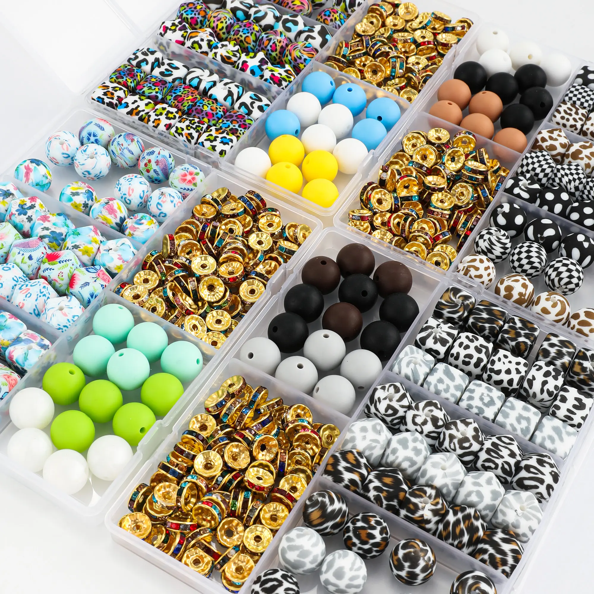 136-piece silicone bead craft set, featuring a variety of bead styles, perfect for DIY beaded pens, keychains, bag charms, jewelry, and other handmade crafts.