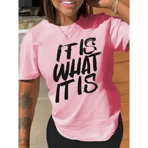 Women's Letter Print Round Neck Tee, Summer Clothes Women?Trendy Casual Short Sleeve T-shirt for Daily Wear, Ladies Summer Outfit