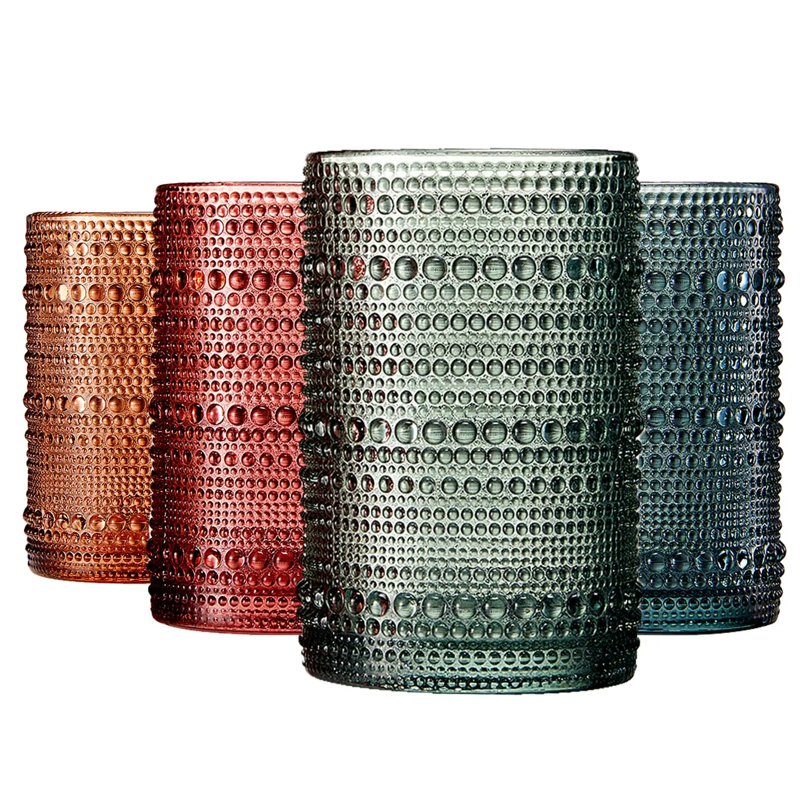 Khen Hobnail Beaded Highball Drinking Tumbler Glasses | Set of 4 | Color, Vintage Bubble Design Whiskey Glassware, Old-Fashioned, Embossed Design for Water, Wine, Cocktail Embossed, Rocks Glass
