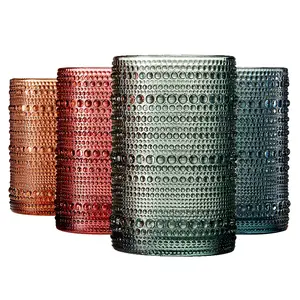 Khen Hobnail Beaded Highball Drinking Tumbler Glasses | Set of 4 | Color, Vintage Bubble Design Whiskey Glassware, Old-Fashioned, Embossed Design for Water, Wine, Cocktail Embossed, Rocks Glass