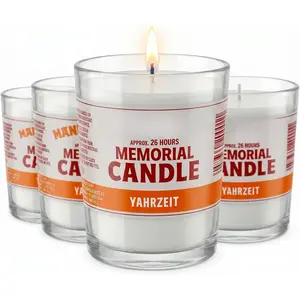 24 Hour Candles, 1 Day Glass Yahrzeit Memorial Candles (4 Pack) | Burns Approximately 26 Hours, Good for Yizkor and Yom Kippur Holidays, Ner Neshama in Glass Tumbler