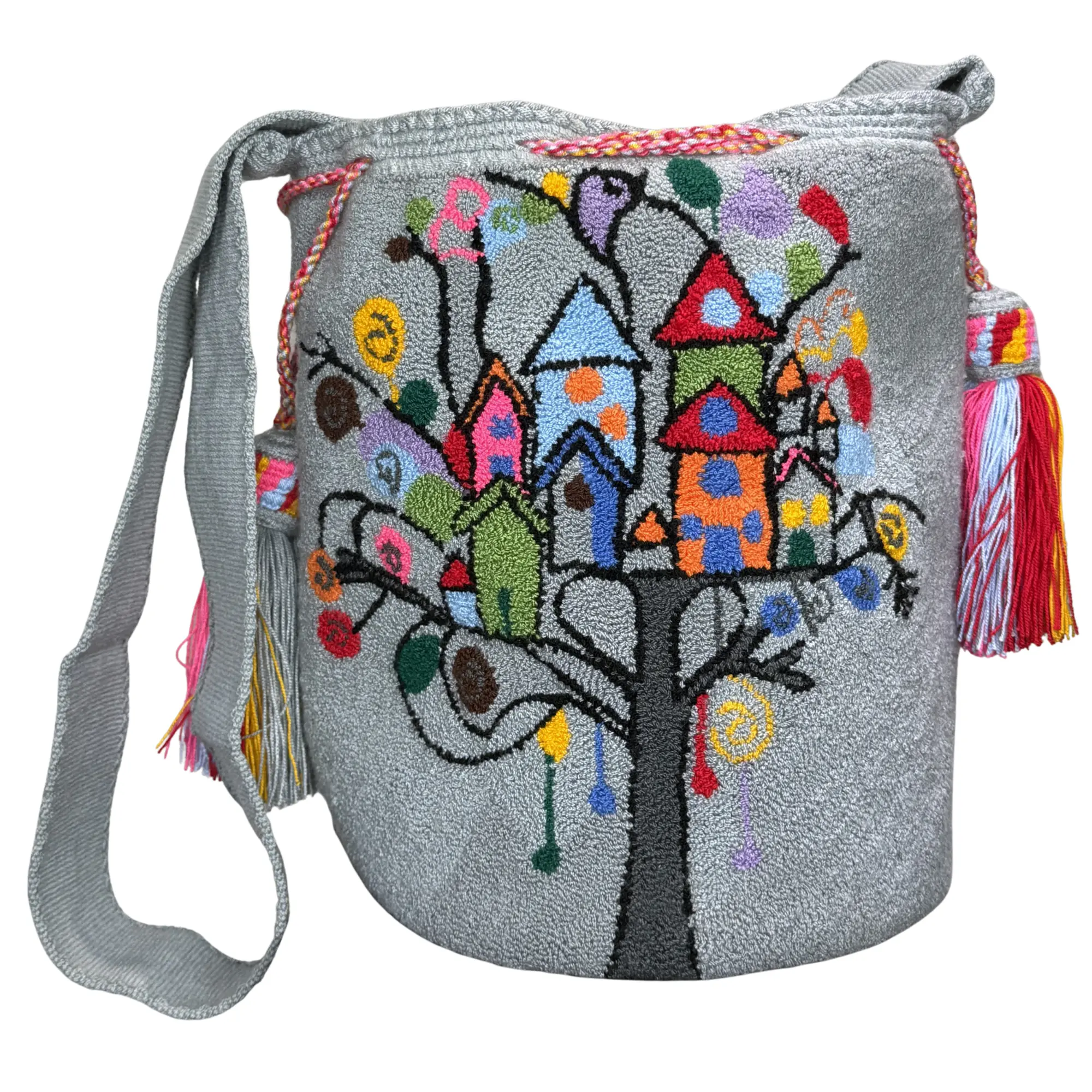 Women's Ethically Handcrafted Wayuu Crochet Mochila Crossbody Messenger Bag - Village Homes Whimsical Embroidered Tree, Lightweight Casual Fabric, Wide Woven Strap, Contemporary Unique Work of Art, Travel-Friendly for Collectors, Art Lovers