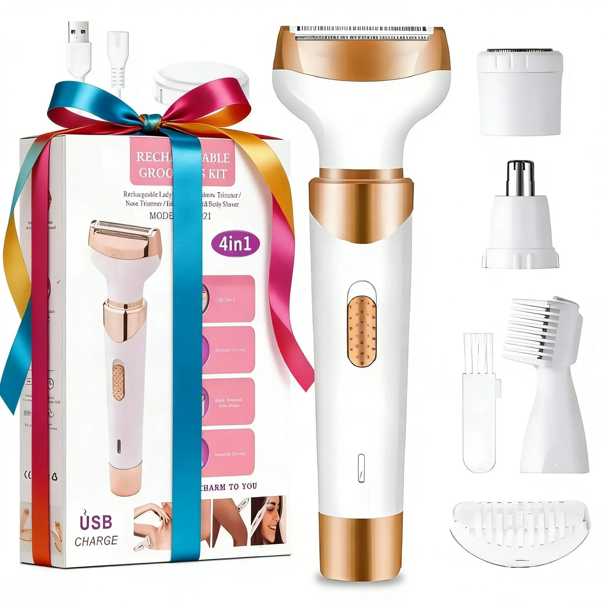 4 in 1 Electric Shaver, 1 Set Portable Rechargeable Hair Removal Tool for Women, Multifunctional Hair Removal Tool for Face, Leg, Underarm